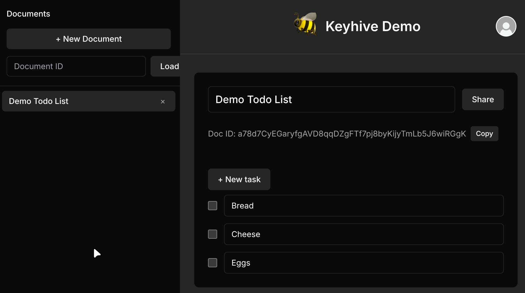 The Keyhive Todo MVC demo, showing a shared todo list with per-document access control